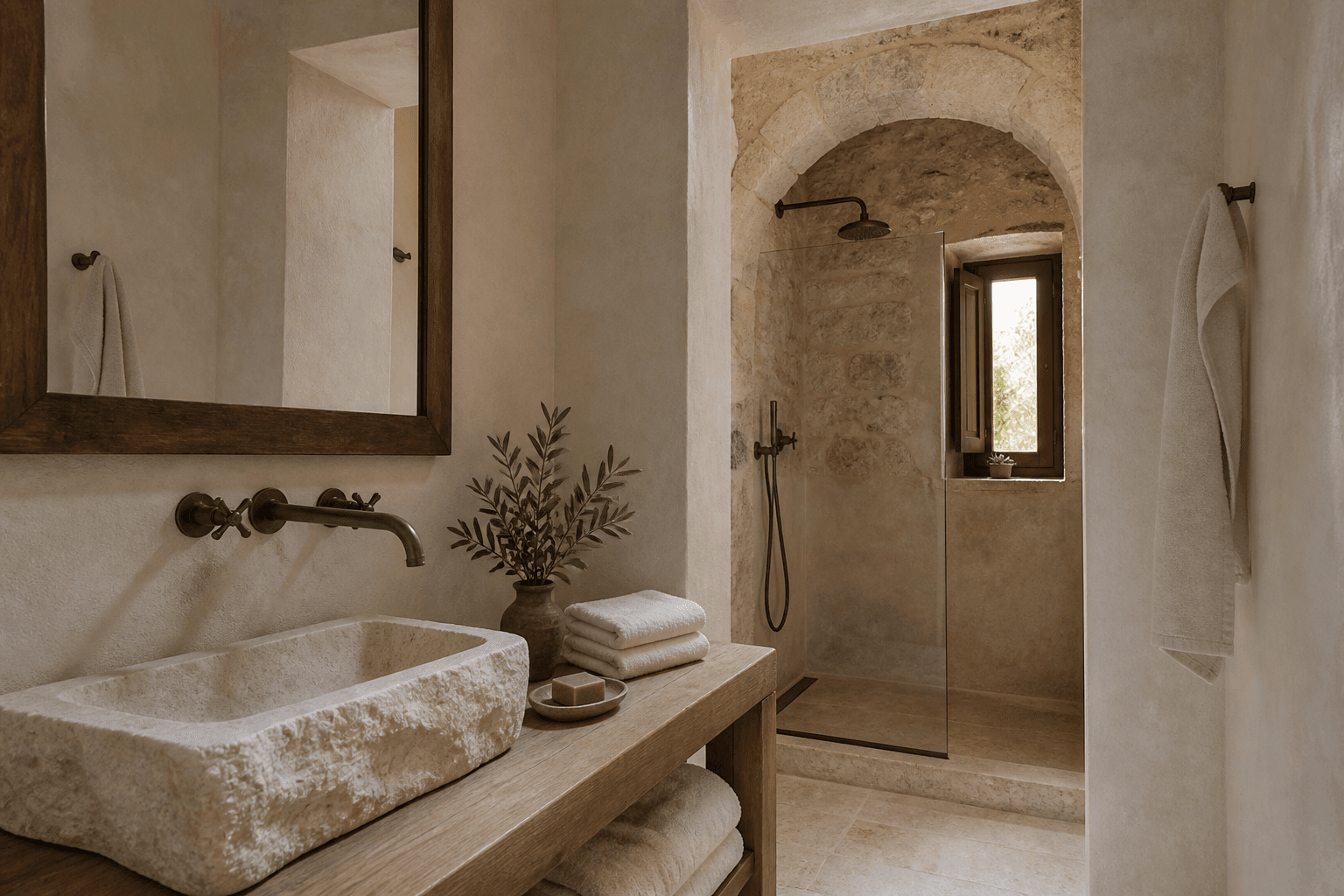 Limestone bathroom with carved stone basin, bronze fittings and folded towels