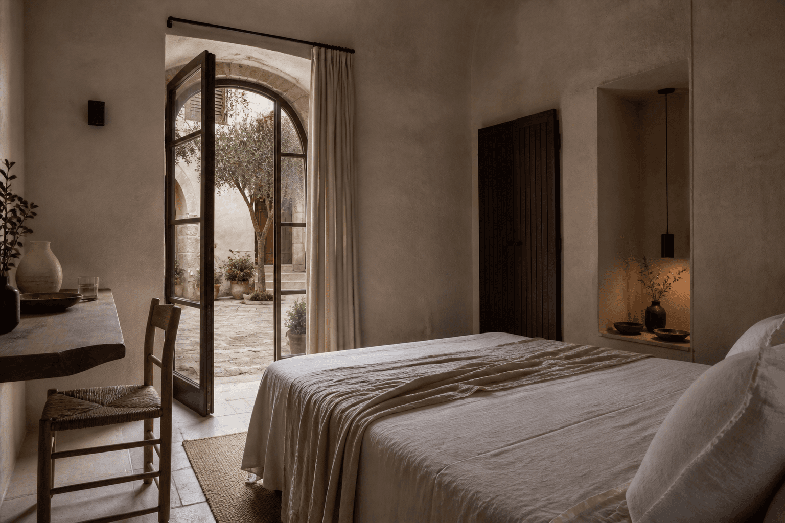 Courtyard Room with washed linen and arched doors opening to olive trees