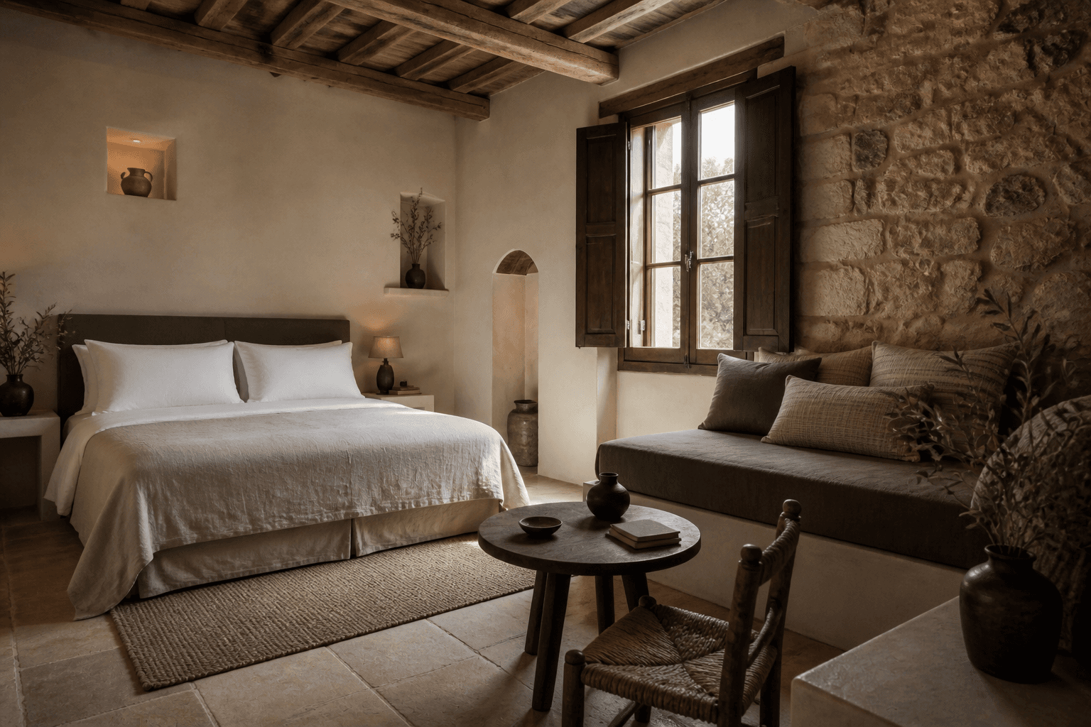 Junior Suite with timber beams, limestone wall and an olive-toned daybed