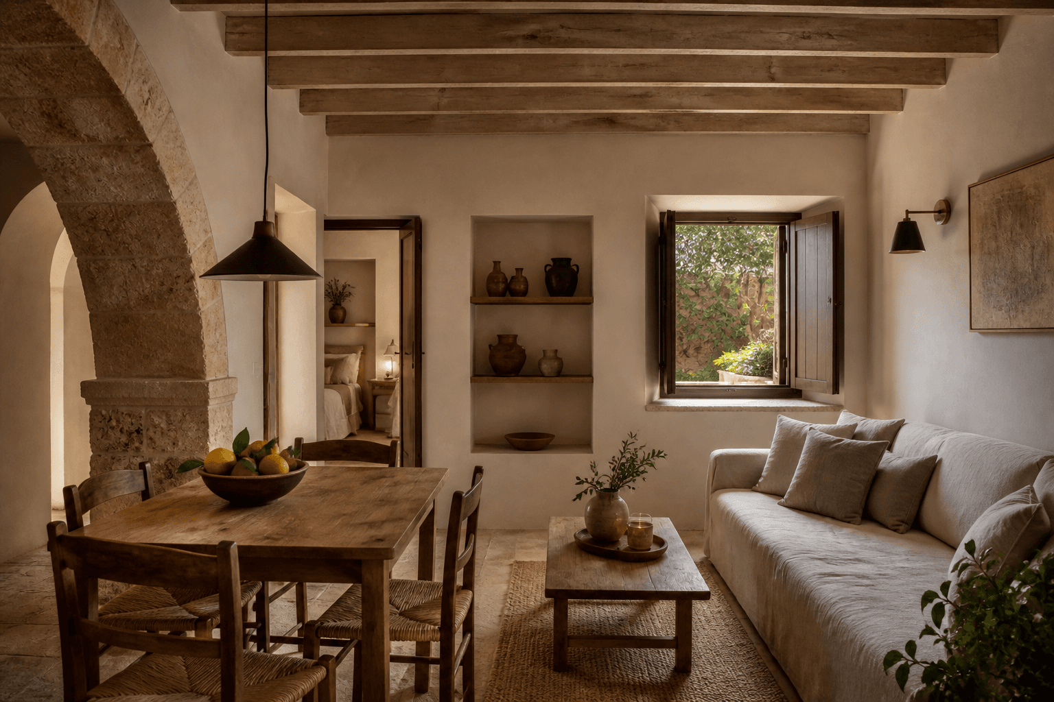 The Residence living room with oak dining table, limestone arch and linen sofa