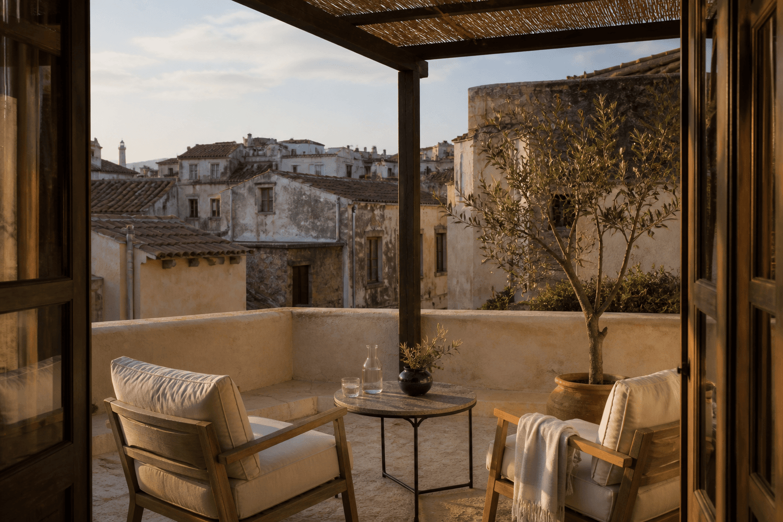 Private shaded terrace overlooking the weathered rooftops of Chania Old Town