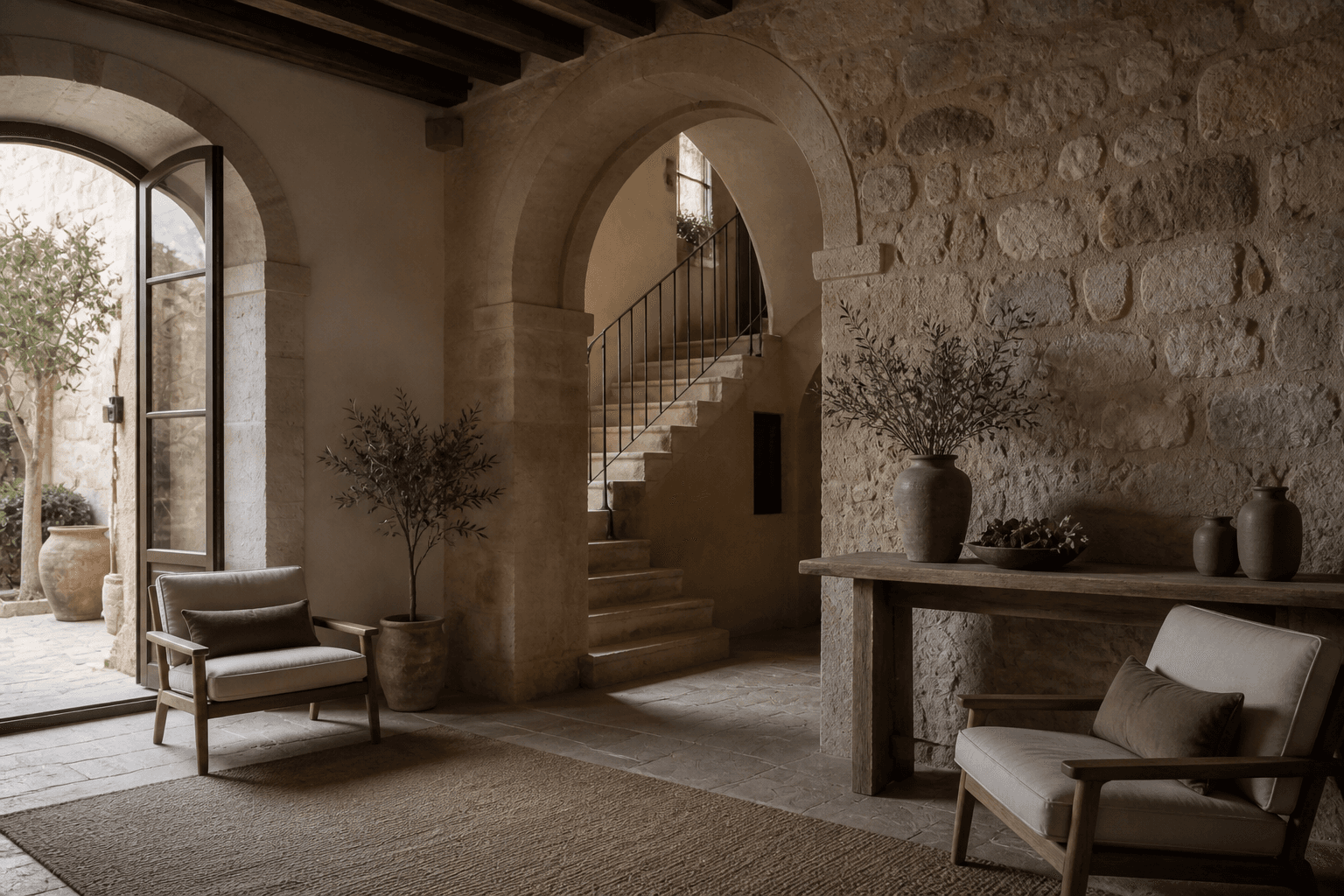Historic stone arches and stair in the restored Kydonia House entrance salon