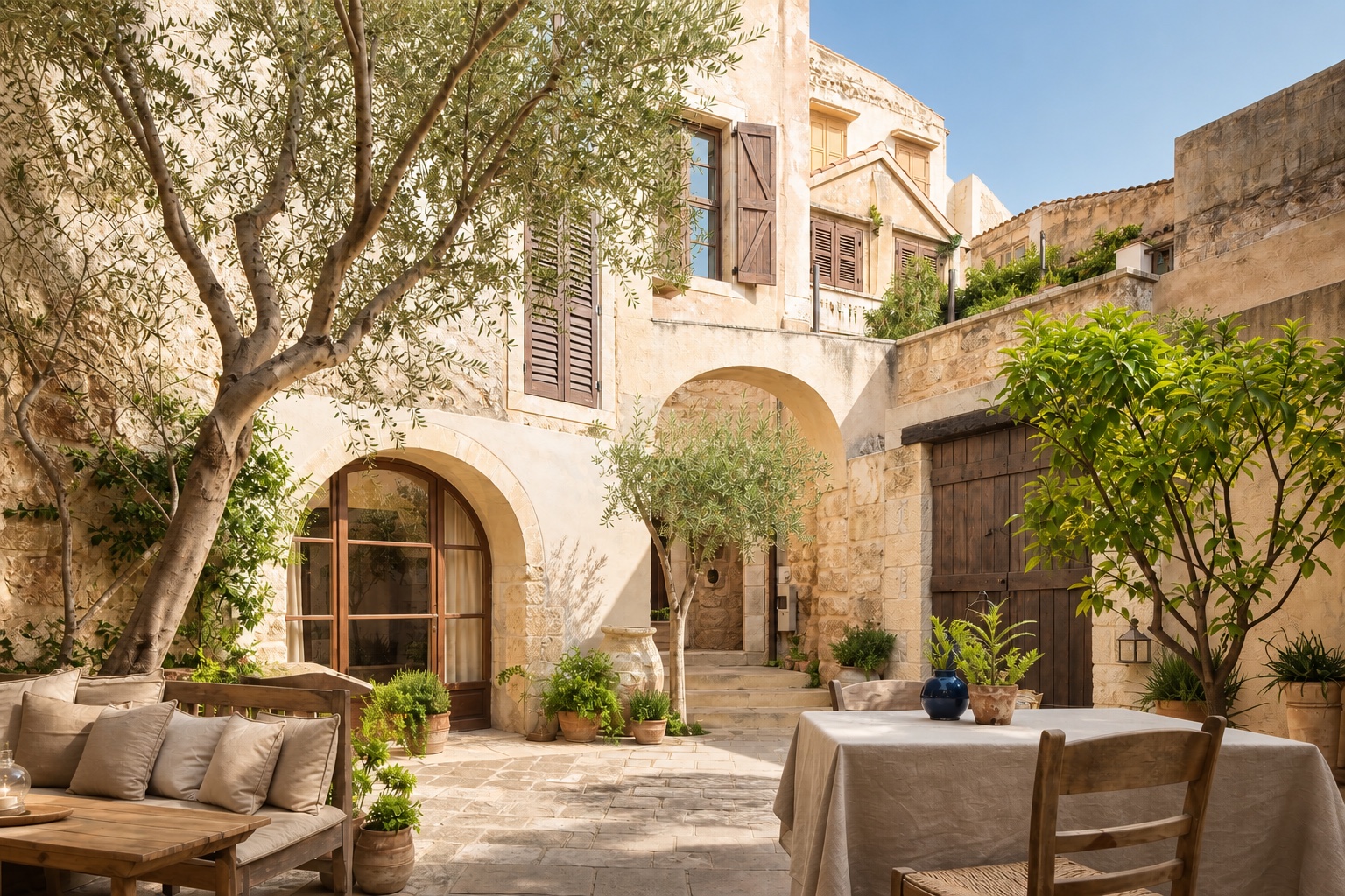 Sunlit courtyard at the fictional Kydonia House boutique hotel